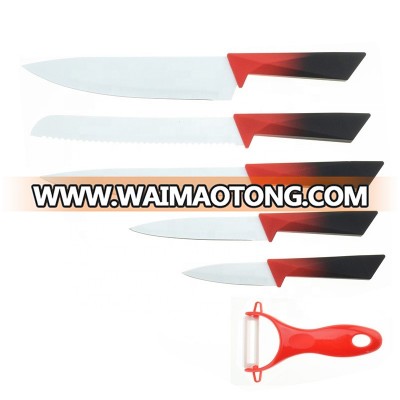 Ceramic coating blade stainless steel kitchen knife set soft grip handle 6 pieces color non stick knife set with color gift box